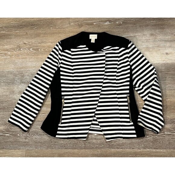 Chico's 1 Sz M Black Striped Moto Jacket Blocked Ponte Knit Tuxedo Blazer - Picture 3 of 15